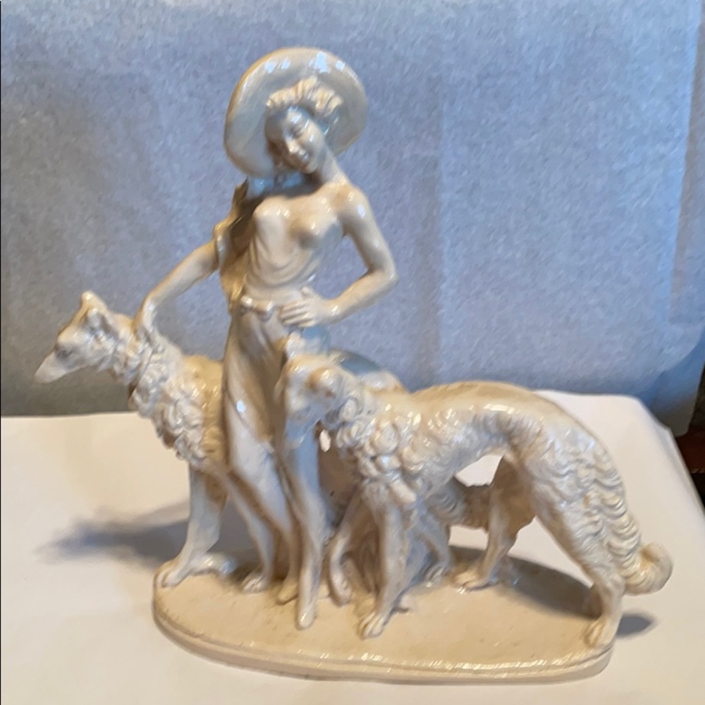 Art Deco Lady With Borzoi Dogs Figurine